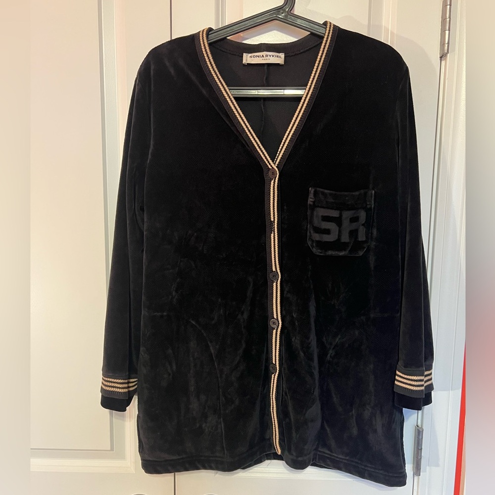 Sonia Rykiel Paris Black Velvet Varsity style button down Jacket